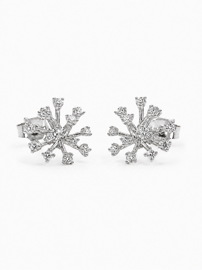Pair of white-gold organic starburst stud earrings with clear stones at the center and branch tips