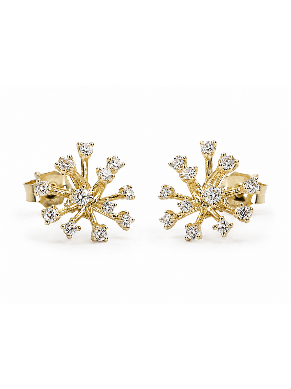 Pair of yellow-gold organic starburst stud earrings with clear stones at the center and branch tips
