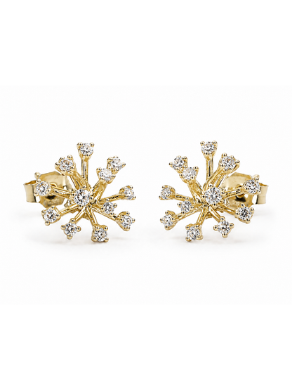 Pair of yellow-gold organic starburst stud earrings with clear stones at the center and branch tips