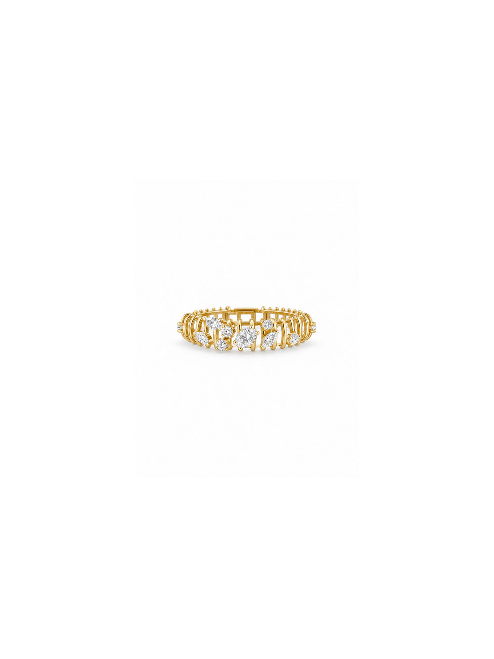 Horizontal front view of the Sculpted Rib Multi-Cut Statement Ring in yellow gold, showing the open spacing between its slender ribs and its asymmetric oval, pear and round clear stones.
