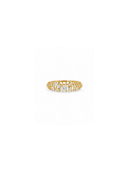 Horizontal front view of the Sculpted Rib Multi-Cut Statement Ring in yellow gold, showing the open spacing between its slender ribs and its asymmetric oval, pear and round clear stones.
