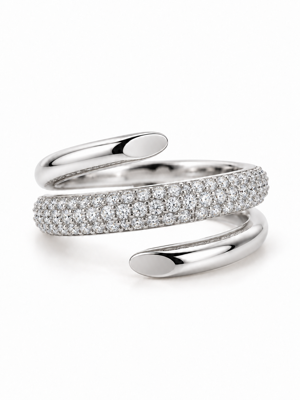 Sculptural Pavé Spiral Wrap Ring in white gold, horizontal front three-quarter view