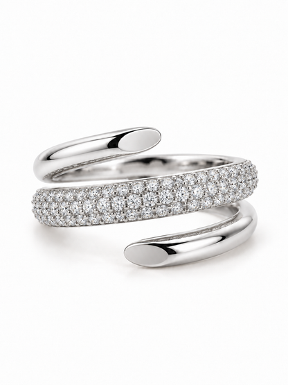 Sculptural Pavé Spiral Wrap Ring in white gold, horizontal front three-quarter view