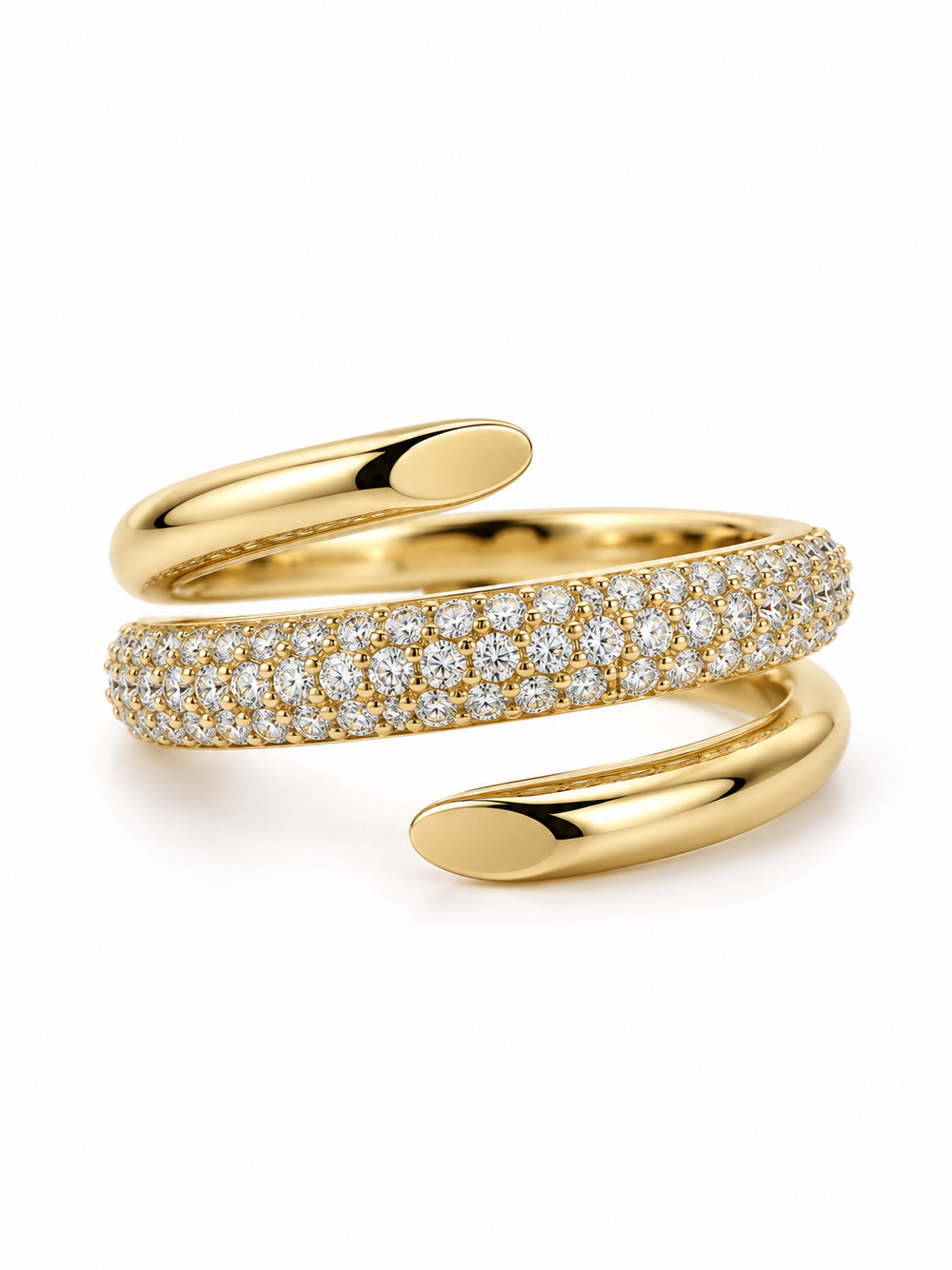 Sculptural Pavé Spiral Wrap Ring in yellow gold, horizontal front three-quarter view