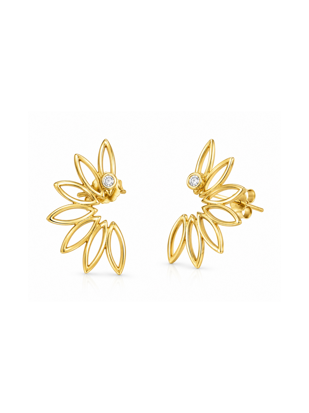 Silhouette Bloom yellow gold stud earrings shown at an angle with open petal silhouettes, posts and butterfly backs