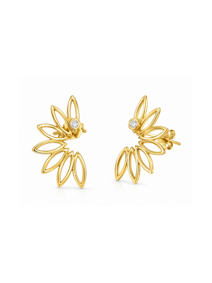 Silhouette Bloom yellow gold stud earrings shown at an angle with open petal silhouettes, posts and butterfly backs