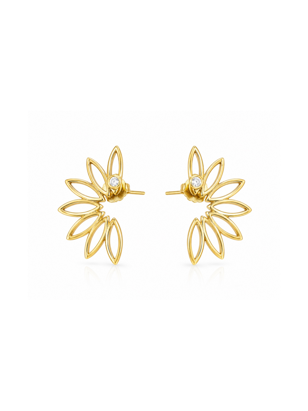 Silhouette Bloom stud earrings in yellow gold shown from the front with open sculptural petals and clear round center stones