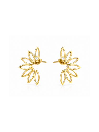 Silhouette Bloom stud earrings in yellow gold shown from the front with open sculptural petals and clear round center stones