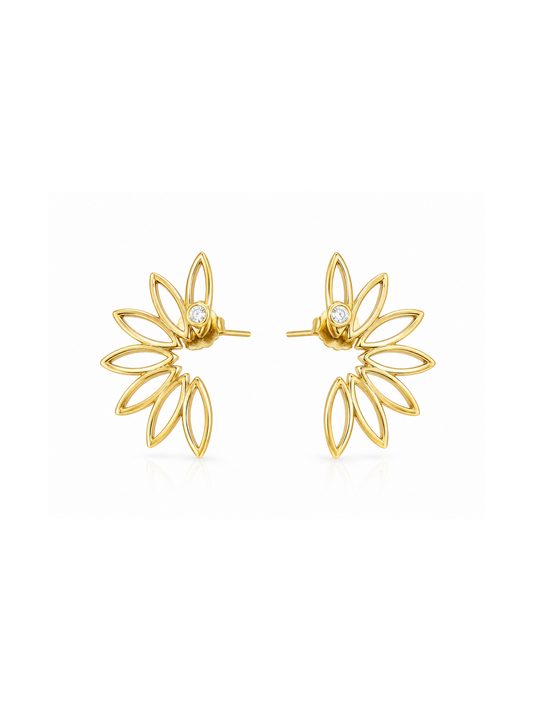 Silhouette Bloom stud earrings in yellow gold shown from the front with open sculptural petals and clear round center stones