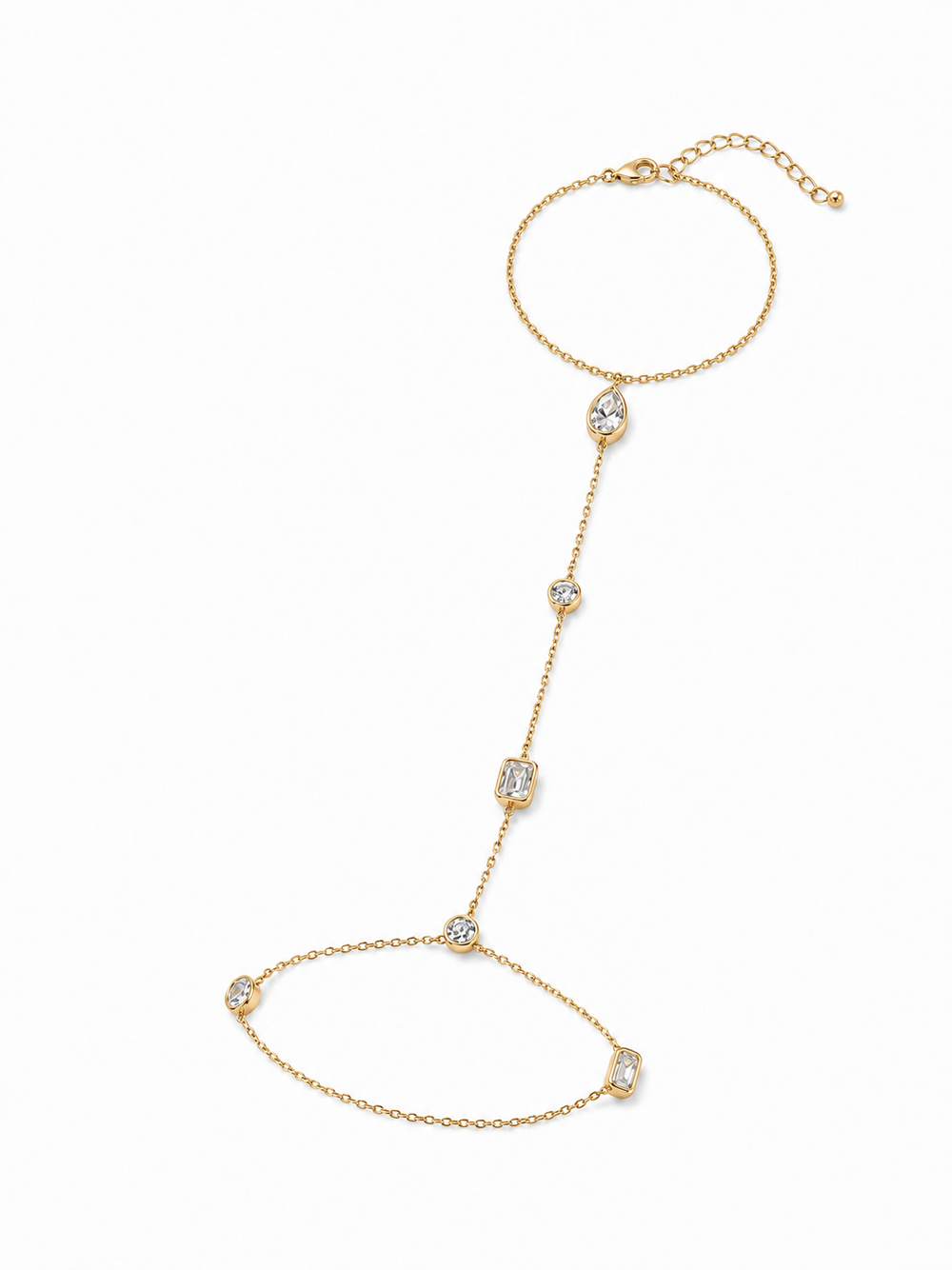 Mixed bezel hand chain in yellow gold with an adjustable bracelet wrist section, lobster clasp, extender, and clear bezel-set stones on white.