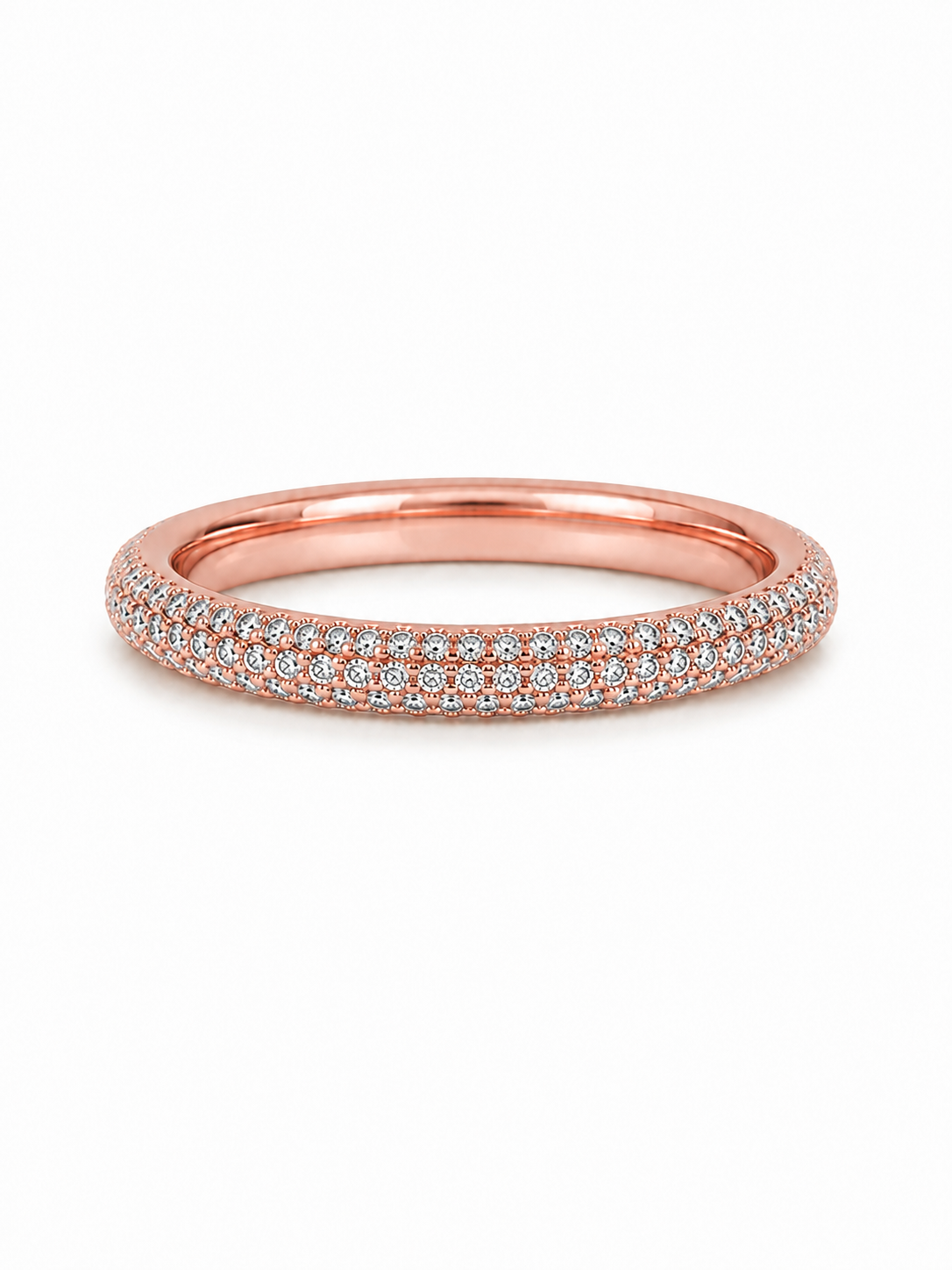 Three-row dome pavé stacker ring in rose gold with uniform same-size micro-pavé stones