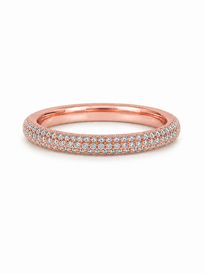 Three-row dome pavé stacker ring in rose gold with uniform same-size micro-pavé stones
