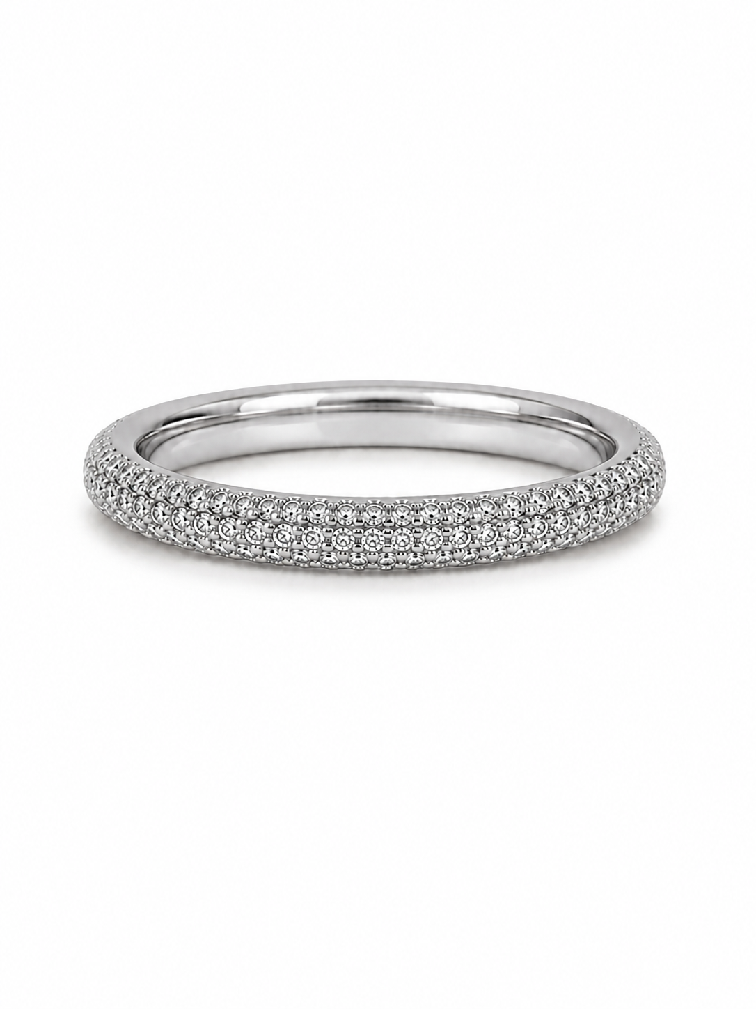 Three-row dome pavé stacker ring in white gold with uniform same-size micro-pavé stones