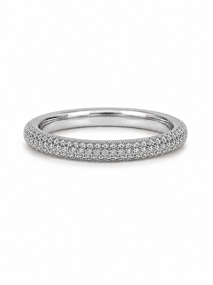 Three-row dome pavé stacker ring in white gold with uniform same-size micro-pavé stones