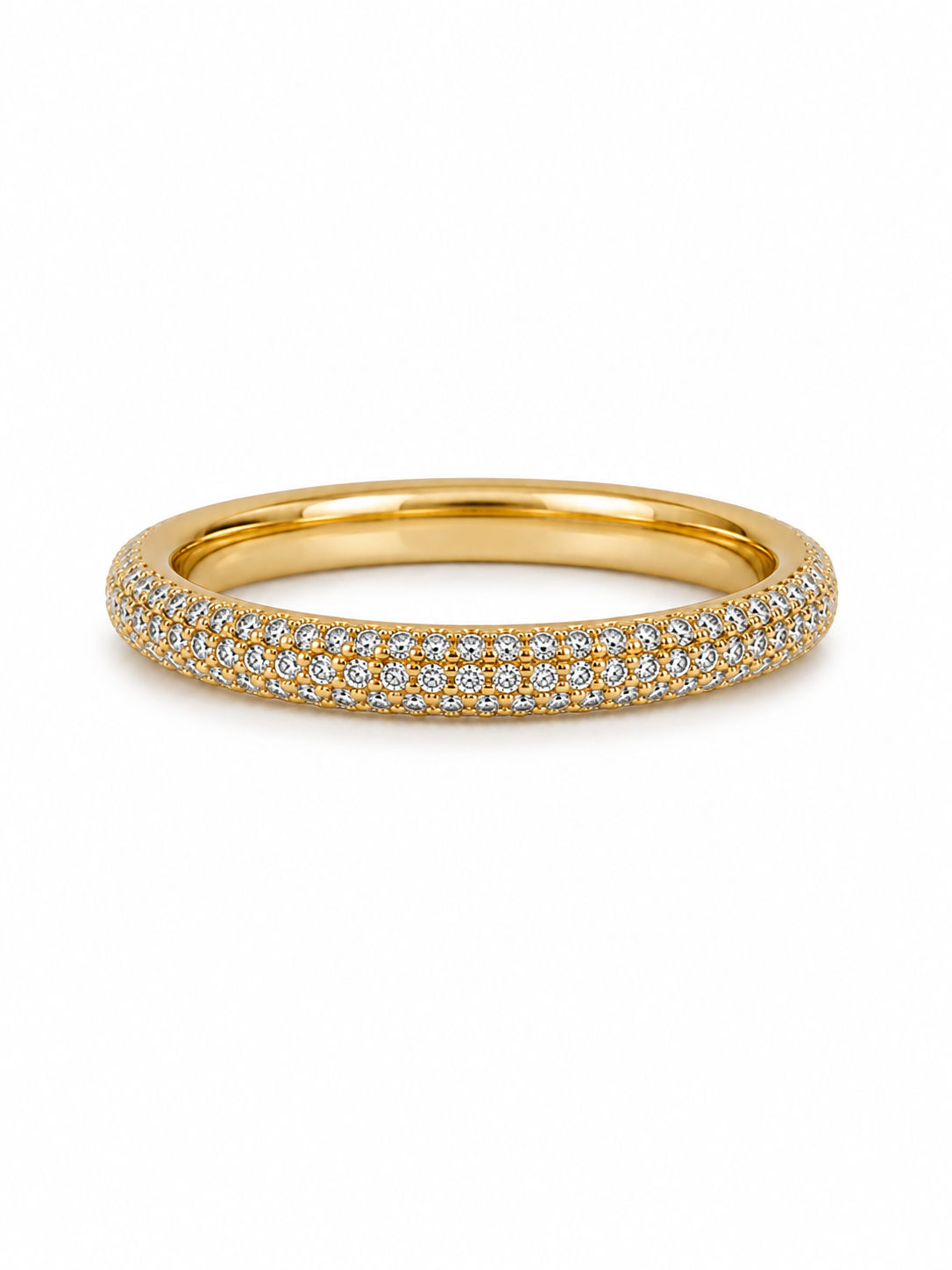 Three-row dome pavé stacker ring in yellow gold with uniform same-size micro-pavé stones