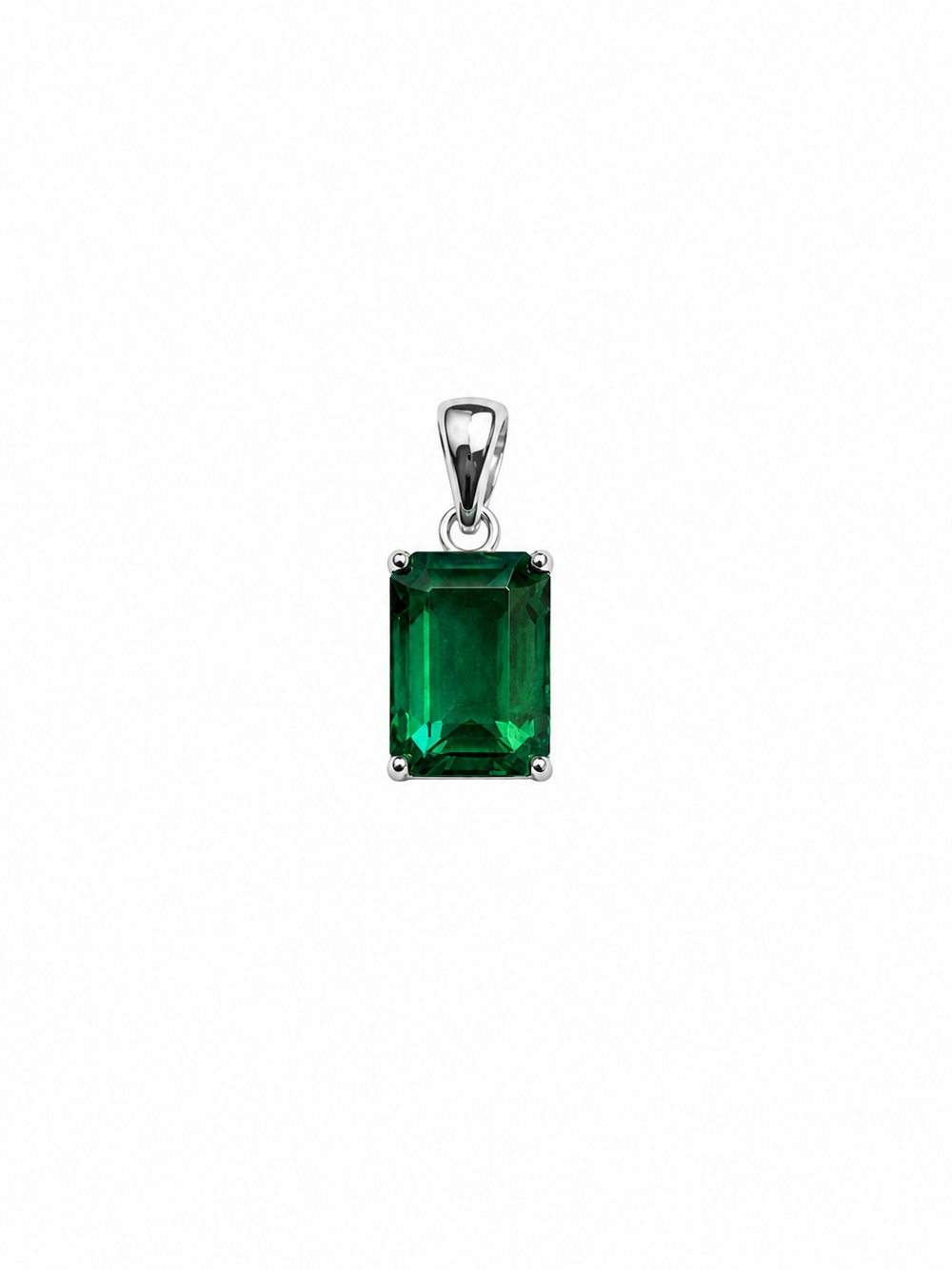 Verda emerald-green pendant with white-gold bail and four-prong setting, shown on white.